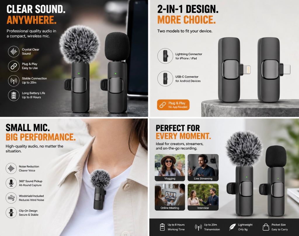 Wireless Mini Microphone – Plug & Play Noise Reduction Mic for iPhone & Android