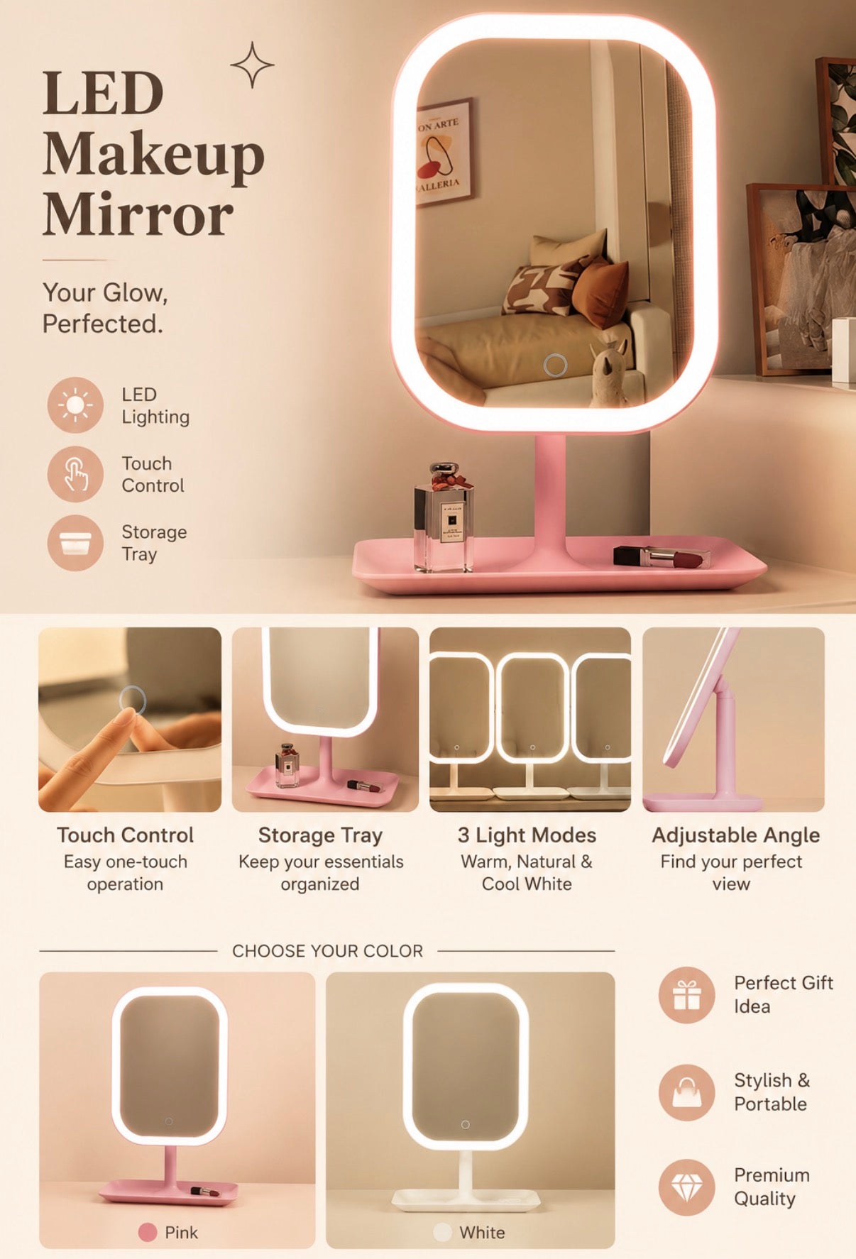 GlowFrame LED Beauty Mirror
