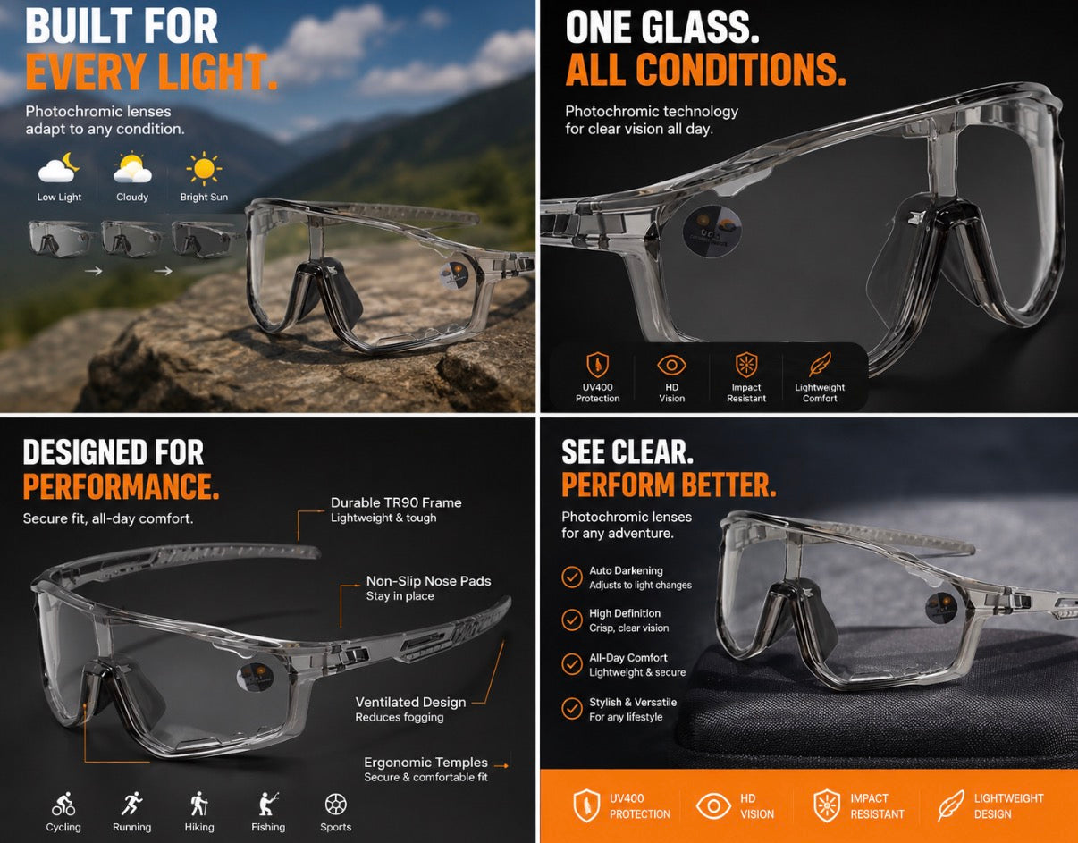 Photochromic Sports Sunglasses – UV400 HD Vision Outdoor Glasses
